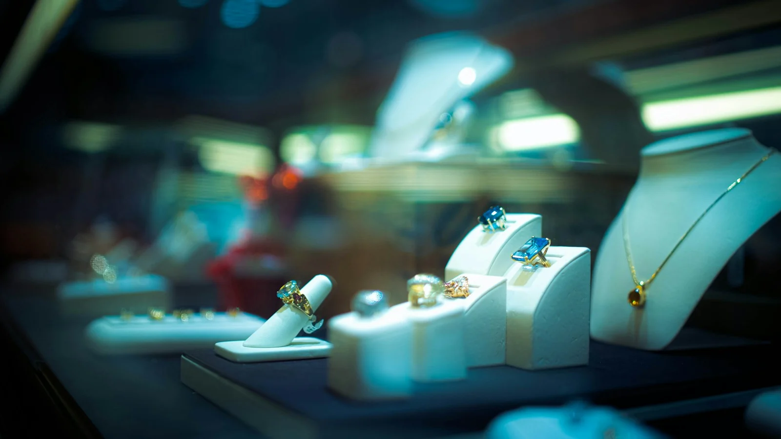 Luxury jewelry displayed in a boutique showcase