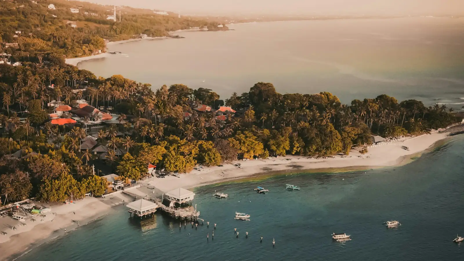 Aerial view of Senggigi beach, Lombok, with fishing boats