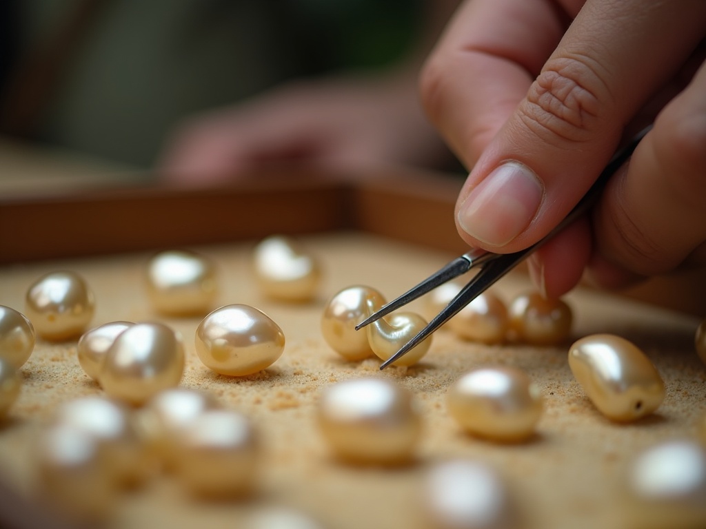 Hands sorting golden South Sea pearls with tweezers on a felt-lined grading tray