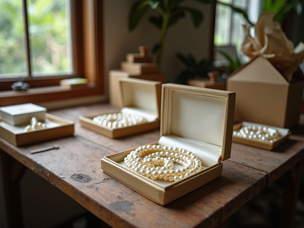 Finished pearl necklaces in silk-lined boxes being prepared for export at a Bali workshop