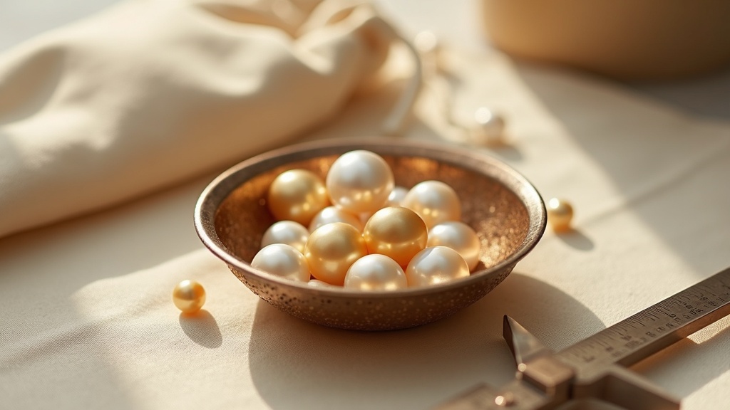 Golden and white South Sea pearls in a grading sieve with a millimeter caliper on ivory linen