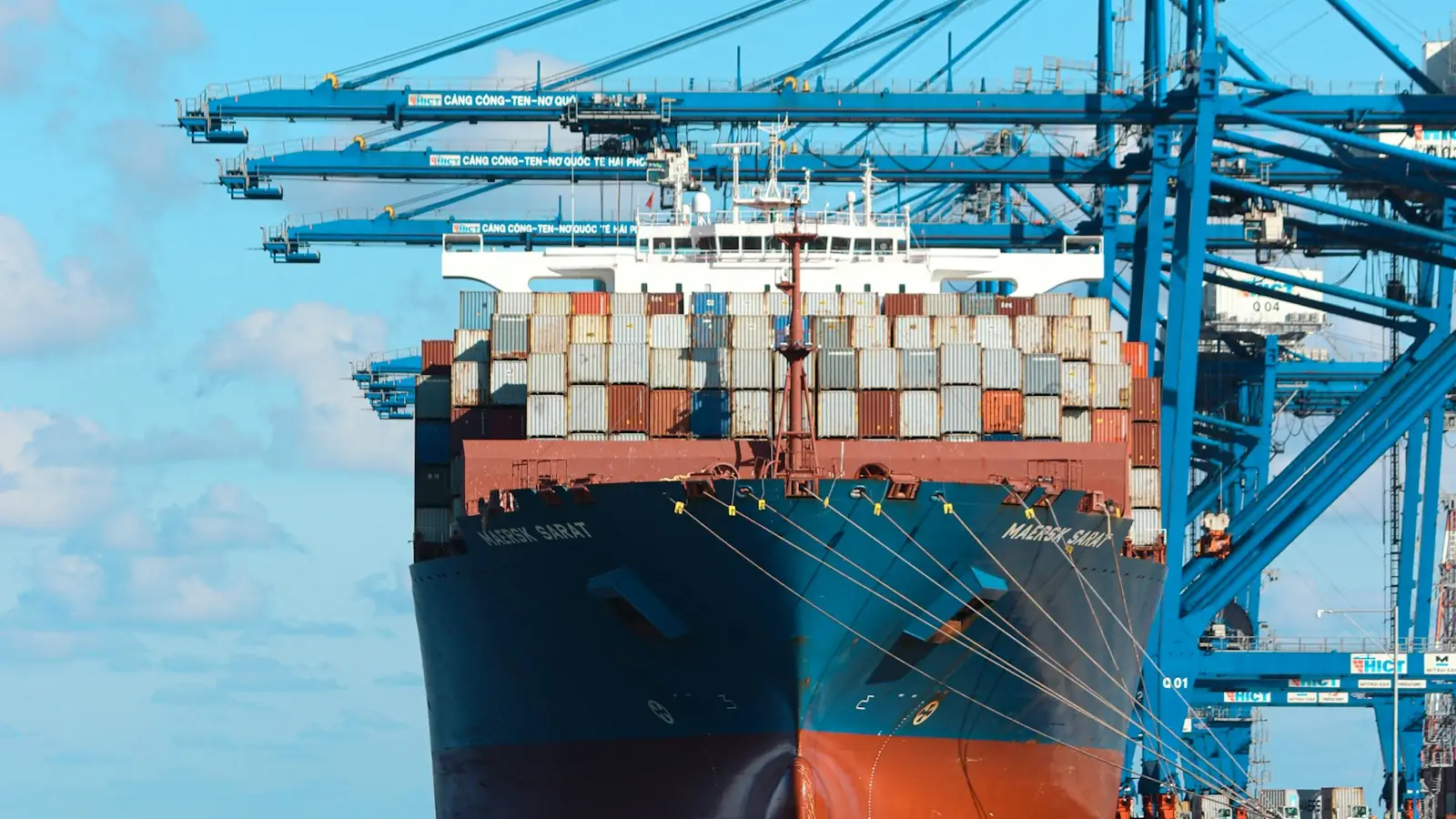 Container ship docked under cranes at an export terminal